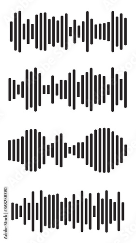 Equalizer charts icon set. Music signal frequency silhouette collection. Abstract waves diagram. Sound beat display graph border isolated on white. Illustration of wave amplifier control.
