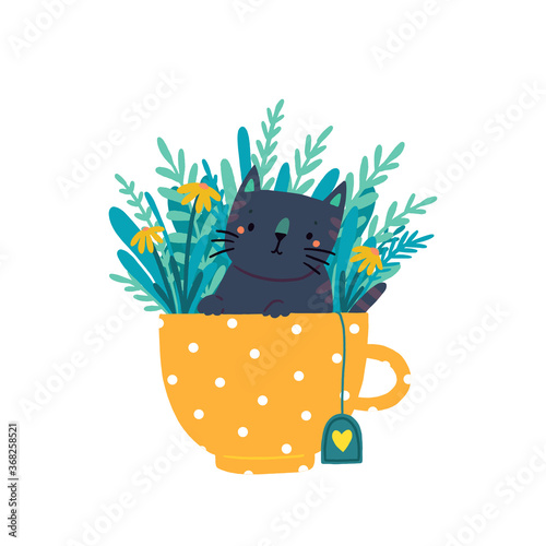 A cute kitten sits in a mug surrounded by flowers and leaves. Cat in a cup for children. It can be used in postcards, posters, textiles, covers.