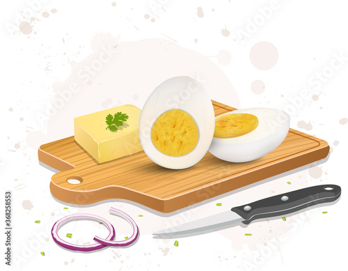 boiled  egg vector illustration with wooden chopping board