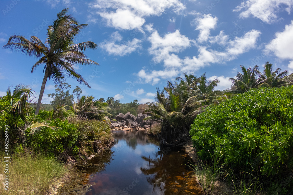 Tropical panorama in La Digue, Seychelles 2019