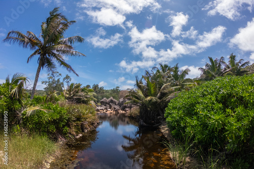 Tropical panorama in La Digue, Seychelles 2019