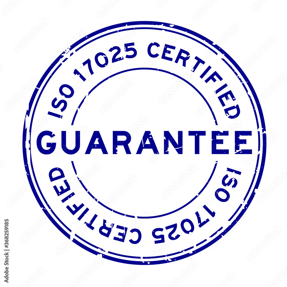 Grunge blue iso 17025 certified guarantee word round rubber seal stamp on white background