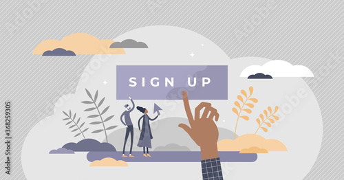 Sign up to create new account or start website profile tiny persons concept