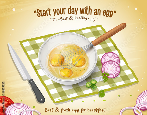 egg yolk bowl vector illustration with onion slices