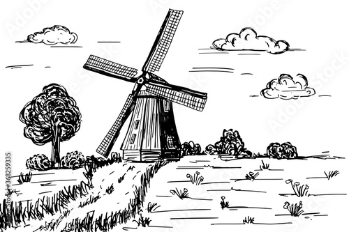 Handdrawn doodle illustration of a countryside with windmill