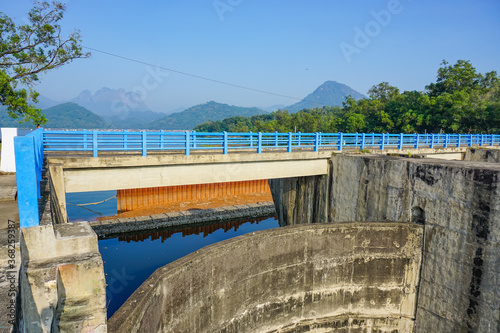 Construction and architecture of a water retaining dam in the Jatiluhur reservoir