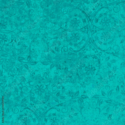 old abstract turquoise grunge vintage cement texture with  floral seamless pattern print tiles wallpaper texture background square
