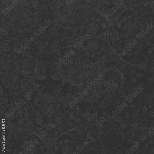old grunge anthracite black vintage cement texture with floral seamless pattern print tiles wallpaper texture background square