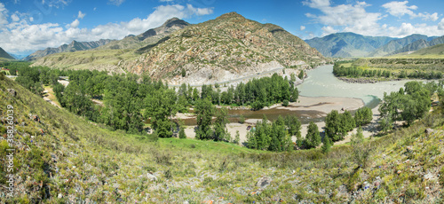 Panoramic view of a picturesque valley, confluence of two rivers, Altai