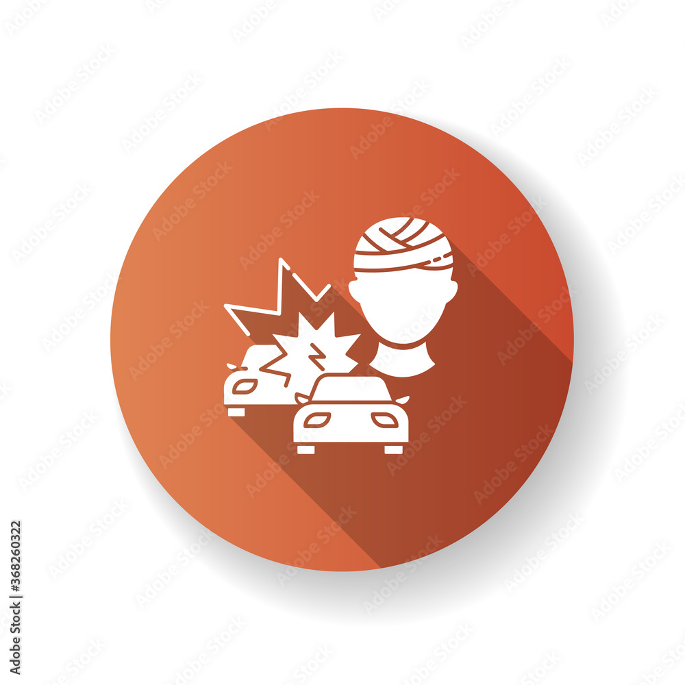 Acquired brain injury red flat design long shadow glyph icon. Head injury from car accident. Health care problem from impact damage. Medical condition. Silhouette RGB color illustration Acquired brain injury red flat design long shadow glyph icon. Head injury from car accident. Health care problem from impact damage. Medical condition. Silhouette RGB color illustration