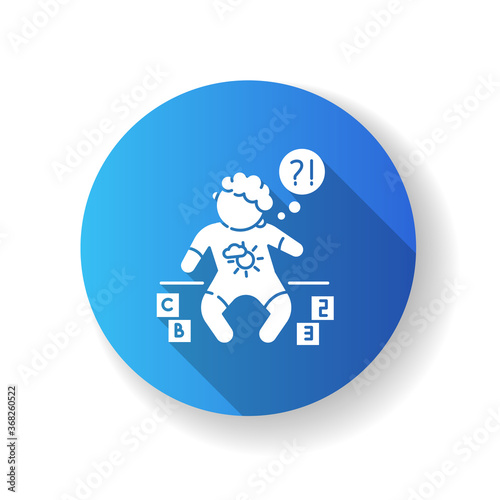 Developmental delay blue flat design long shadow glyph icon. Child with difficulty of learning. Cognitive ability problem. Support for special need toddler. Silhouette RGB color illustration