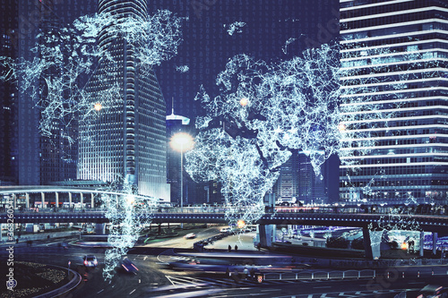 Photography Multi exposure of social network theme drawing and cityscape background