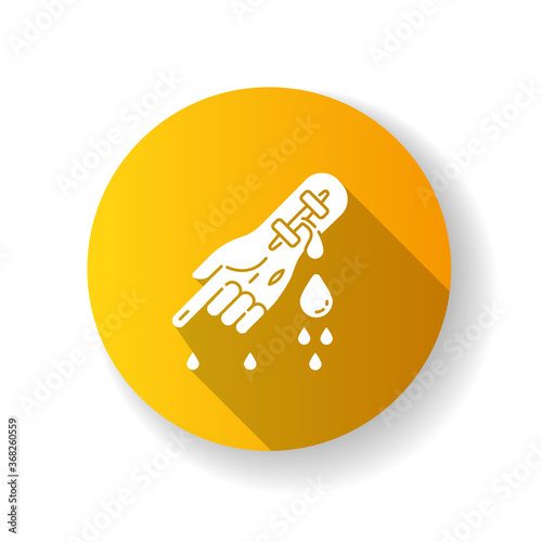 Hemophilia yellow flat design long shadow glyph icon. Damaged hand with flow of blood. First aid for emergency. Bleeding arm with cut vein. Donor in hospital. Silhouette RGB color illustration