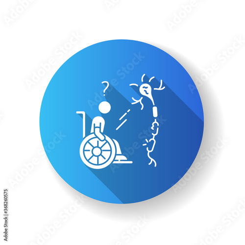 Multiple sclerosis blue flat design long shadow glyph icon. Handicapped man in wheelchair. Neurology problem. Trauma treatment. Patient with spine injury. Silhouette RGB color illustration