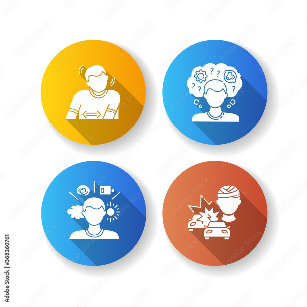 Mental problem flat design long shadow glyph icons set. Tourette syndrom. Repetitive movement in patient. Psychological disorder. Head damage from car accident. Silhouette RGB color illustration