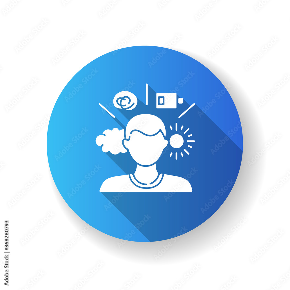 Mental health conditions blue flat design long shadow glyph icon. Psychological disorder. Psychotherapy for patient. Stress and depression. Mood swings. Silhouette RGB color illustration Mental health conditions blue flat design long shadow glyph icon. Psychological disorder. Psychotherapy for patient. Stress and depression. Mood swings. Silhouette RGB color illustration