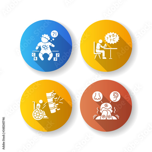 Chronic disease flat design long shadow glyph icons set. Developmental delay. Difficulty with reading from dyslexia. Damaged spine. Sensory hypersensitivity. Silhouette RGB color illustration