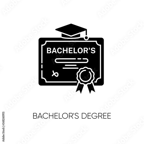 Bachelors degree black glyph icon. Successful university graduation document. Higher education silhouette symbol on white space. Student diploma, academic certificate vector isolated illustration