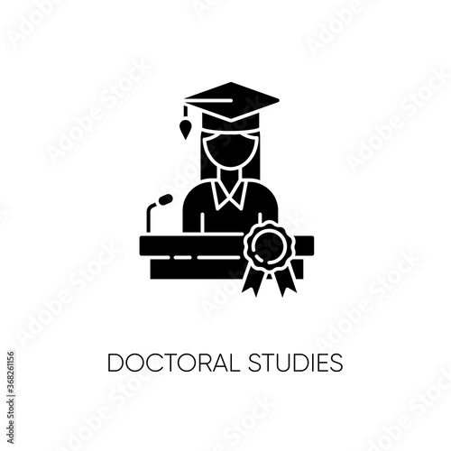 Doctoral studies black glyph icon. University graduation, academic achievement silhouette symbol on white space. Obtaining doctors degree. PhD student, successful graduate vector isolated illustration