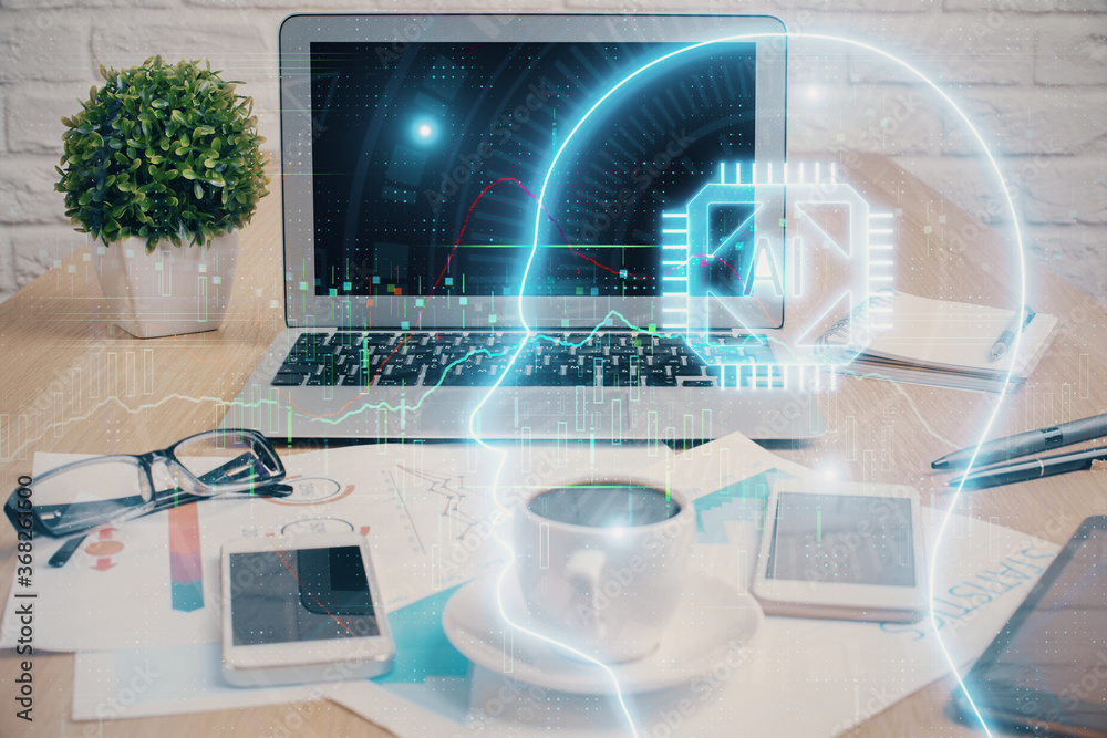 Double exposure of desktop with computer and brain drawing hologram. Artificial intelligence concept. Double exposure of desktop with computer and brain drawing hologram. Artificial intelligence concept.