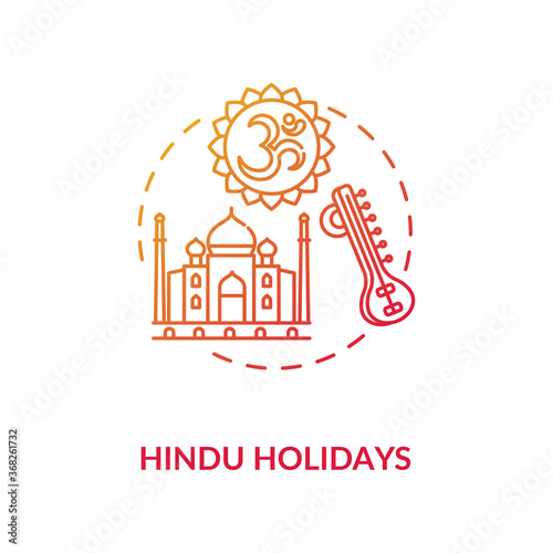 Hindu holidays concept icon. Indian religion, hinduism idea thin line illustration. Traditions of India. Taj Mahal and om sign vector isolated outline RGB color drawing