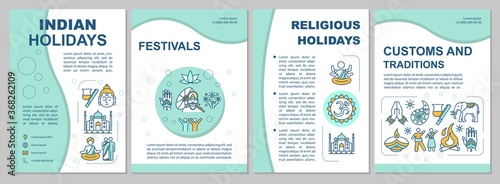 Indian culture brochure template. Indian holidays and traditions flyer, booklet, leaflet print, cover design with linear icons. Vector layouts for magazines, annual reports, advertising posters