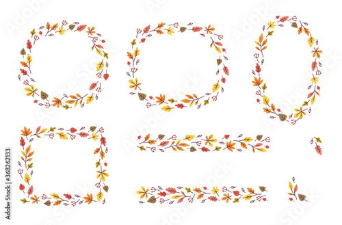 Autumn leaves frames collection. Autumnal wreath illustration with colorful leaves and berries on white background