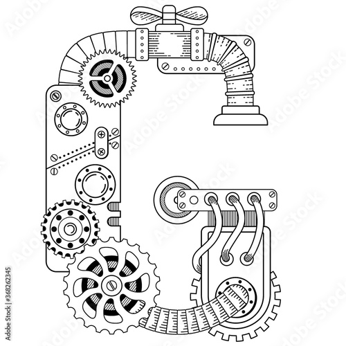 Vector coloring book for adults. Steampunk capital font. Mechanical alphabet made of metal gears and various details on white background. Capital letter G