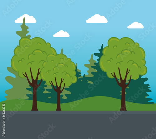 nature landscape, tree plants and bushes, with road street vector illustration design
