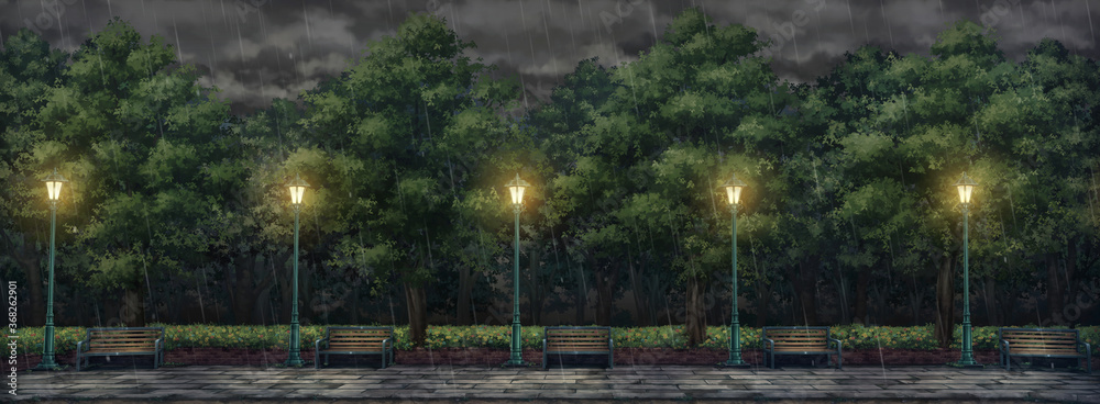 Hãy tưởng tượng về một buổi chiều mưa tại công viên cùng với nhân vật anime yêu thích của bạn bằng bức tranh Park Anime Background - Rainy day - Illustration này! Hình ảnh sẽ khiến cho bạn như được đưa vào trong thế giới đó.