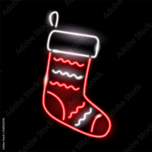 Neon Christmas stocking or sock icon isolated on black background. X-mas, gift, tradition concept. Vector 10 EPS illustration.