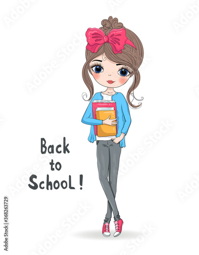 Hand drawn beautiful cute schoolgirl with book. Background with the inscription Back to School. Vector illustration.
