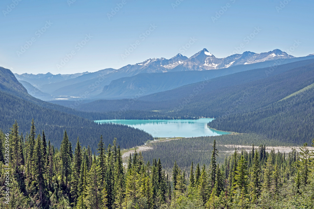Aerial view of Emerald Lake from Burgess Pass in Yoho National Park, British Columbia, Canada