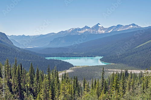 Aerial view of Emerald Lake from Burgess Pass in Yoho National Park, British Columbia, Canada
