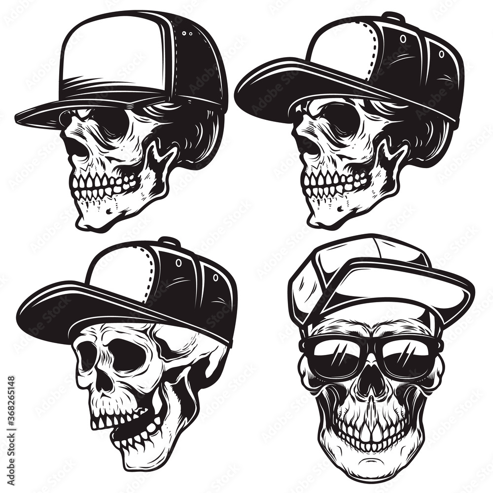 Vecteur Stock Set of Illustrations of skull in baseball cap in ...