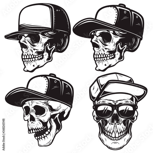 Set of Illustrations of skull in baseball cap in monochrome style. Design element for logo, emblem, sign, poster, card, banner. Vector illustration