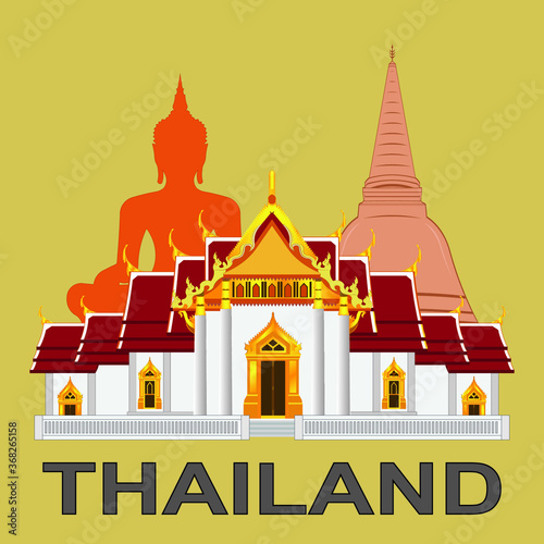 Thailand symbols vectors drawing with the famous marble temple - Wat Benchamabophit and the Big Buddha statue and the large Thai style pagoda