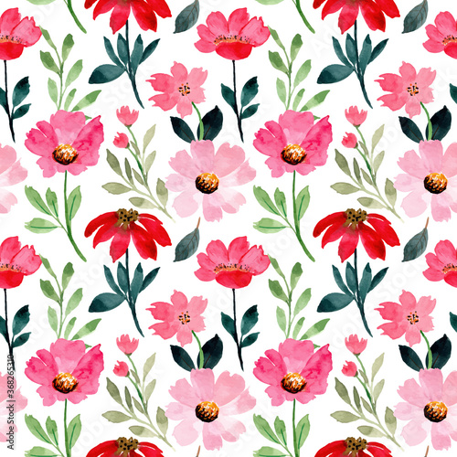 red pink flower watercolor seamless pattern
