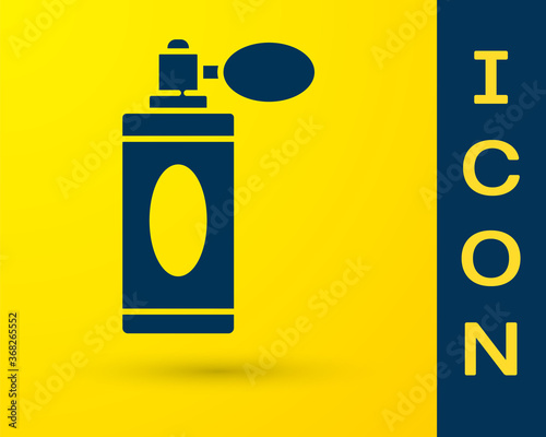 Blue Aftershave bottle with atomizer icon isolated on yellow background. Cologne spray icon. Male perfume bottle. Vector Illustration.
