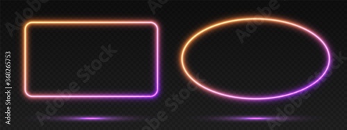 Neon gradient frames set, collection of orange-purple glowing borders isolated on a dark background. Colorful night banners, vector light effect. Ellipse and rectangle, bright illuminated shapes.