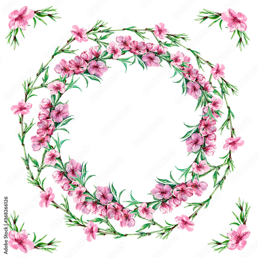 Watercolor  flowers peach on white background. Garland illustration.