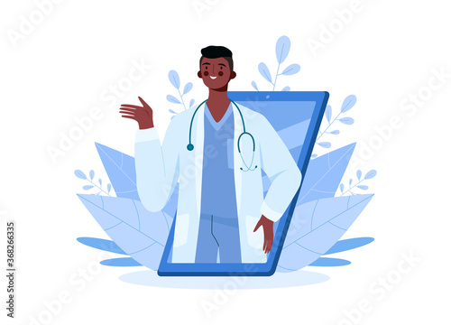 Online medical consultation, support. Online doctor. Healthcare services. Family male doctor with stethoscope on smartphone. Online medical advise or consultation service, tele medicine, cardiology