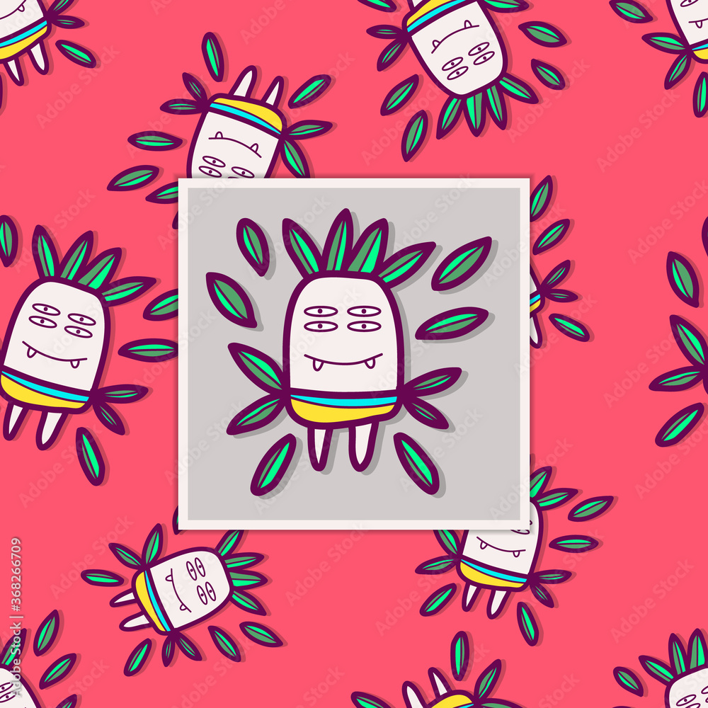 Obraz premium cute monster character doodle with seamless pattern background