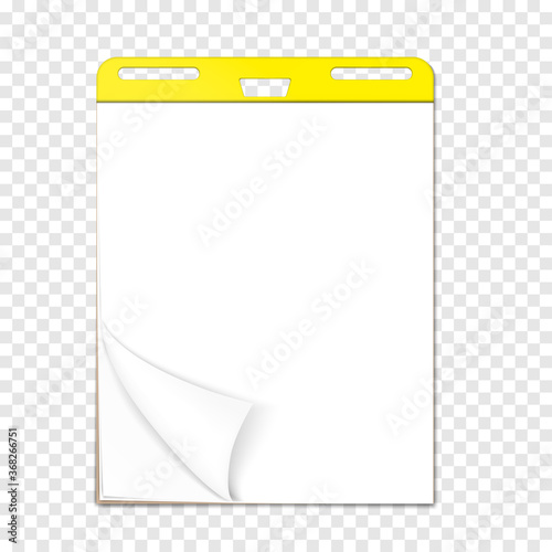 Easel pad on transparent background, vector template. Flipchart sticky blank white paper block with page curl, realistic mock-up