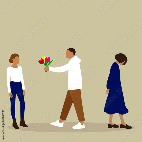 Billede på lærred A man leaves one woman and gives flowers to another woman