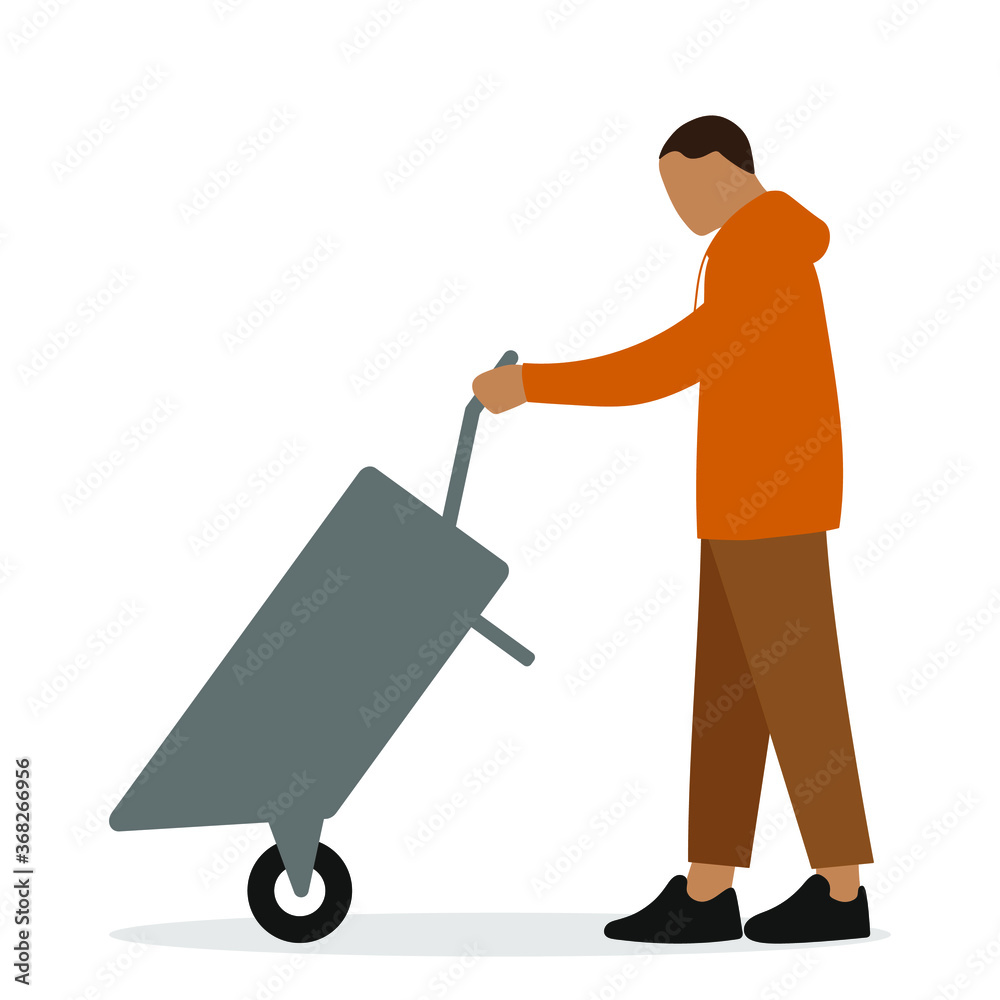 Male character tilts an empty wheelbarrow Male character tilts an empty wheelbarrow
