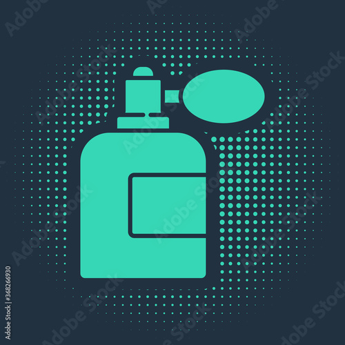 Green Aftershave bottle with atomizer icon isolated on blue background. Cologne spray icon. Male perfume bottle. Abstract circle random dots. Vector Illustration.