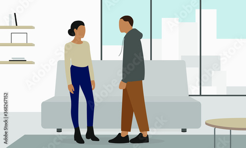 Female character and male character in the living room