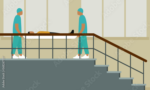 Two orderlies on a stairwell hold a stretcher with a female character