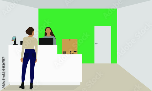 Point of delivery of orders with an employee, a client and a cardboard box